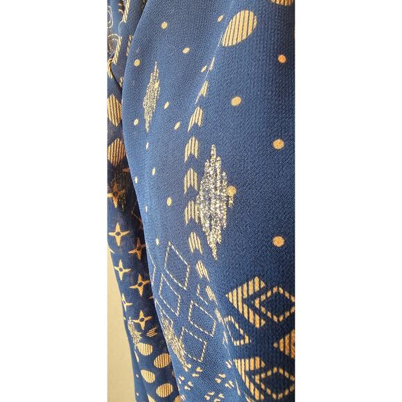 Three Pears Geometric Long Sleeve Smocked Drop Waist Mini‎ Dress Blue Womens M - Picture 3 of 8